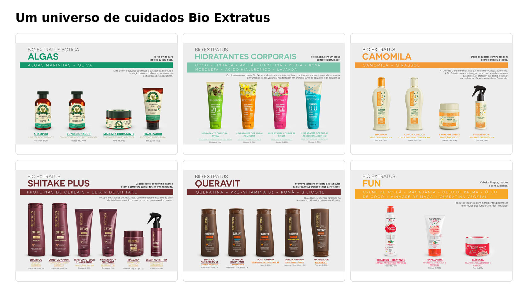 Linhas Bio Extratus: Algas, Hidratantes Corporais, Camomila, Shitake Plus, Queravit, Fun