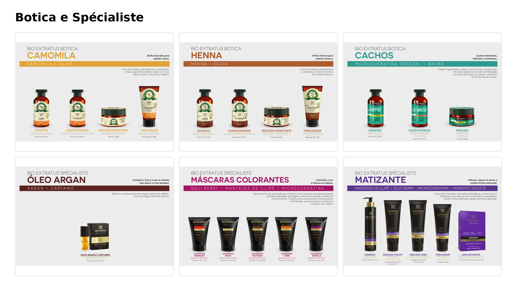 Linhas Bio Extratus Botica e Spécialiste: Camomila, Henna, Cachos, Óleo Argan, Máscaras Colorantes, Matizante