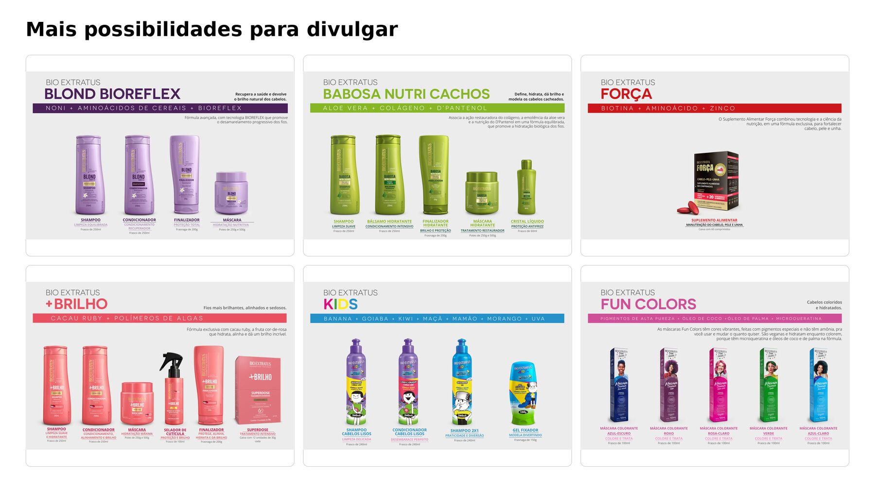Linhas Bio Extratus: Blond Bioreflex, Babosa Nutri Cachos, Força, +Brilho, Kids, Fun Colors